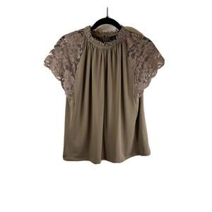 Worthington Taupe Lace Sleeve High Neck Blouse Womens  Size PL